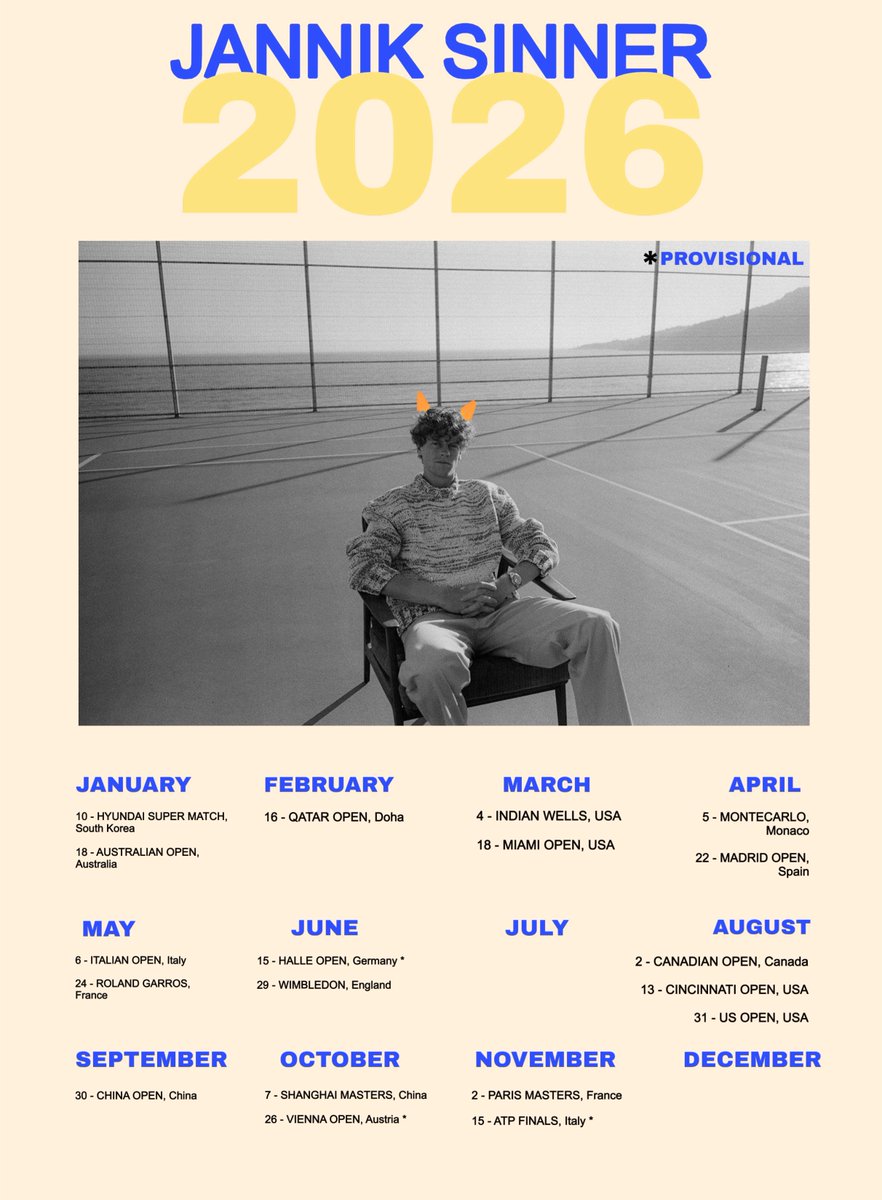jannik_files's tweet photo. Jannik Sinner’s 2026 Calendar 🦊

* can be subjected to changes. https://t.co/nyCAfnuC8Q