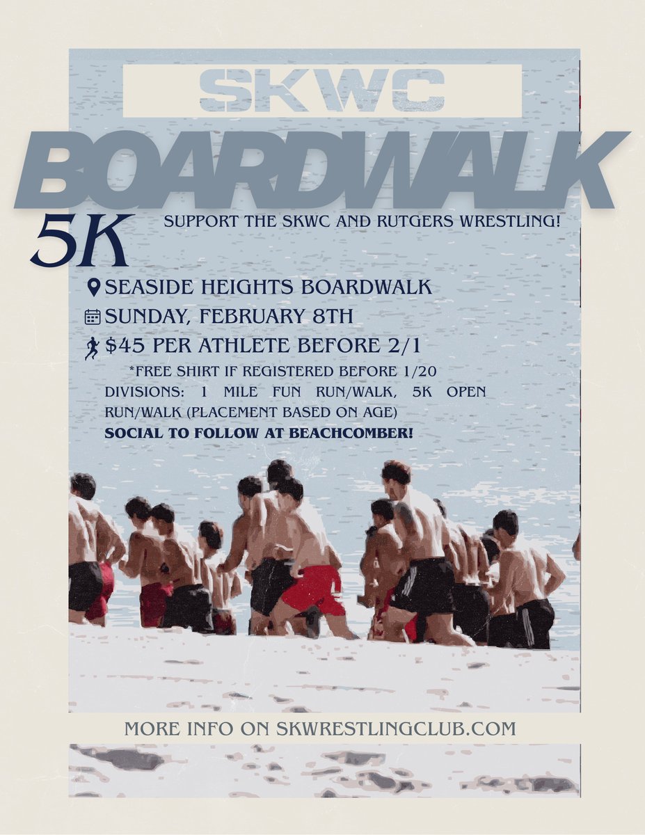 RUWrestling's tweet image. Registration is open for the @SKWrestlingClub Boardwalk 5K! 

Join us down in Seaside Heights the morning of Super Bowl Sunday!

🔗: go.rutgers.edu/sohpypz9

#RelentlessPursuit | #GoRU