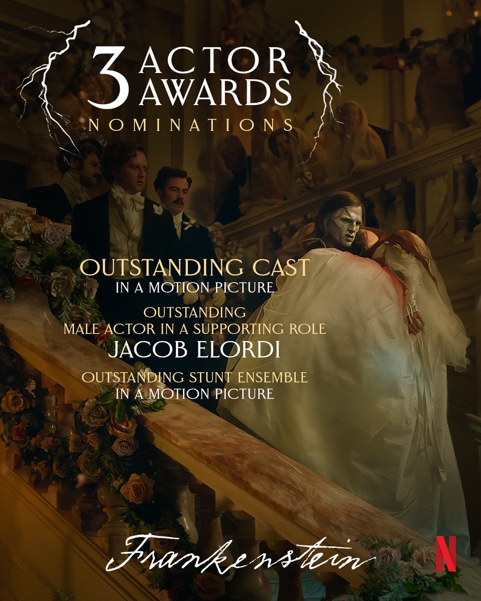 FrankensteinGDT's tweet photo. Congratulations to Jacob Elordi, the cast, and stunt ensemble of FRANKENSTEIN on their 3 Actor Award nominations. https://t.co/y9UxTaMX1f