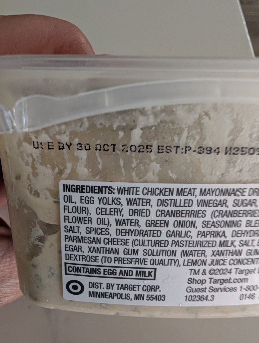 MizShan71's tweet photo. .@Target this is actually pretty gross. I just did a drive-up pickup &amp; this chicken salad that was given to me has a "USE BY" date of 30 OCT 2025. It was supposed to be eaten before last Halloween yet was still apparently in stock and used for today's order. Disgusting. #TARGET https://t.co/N1YLxKBYB0