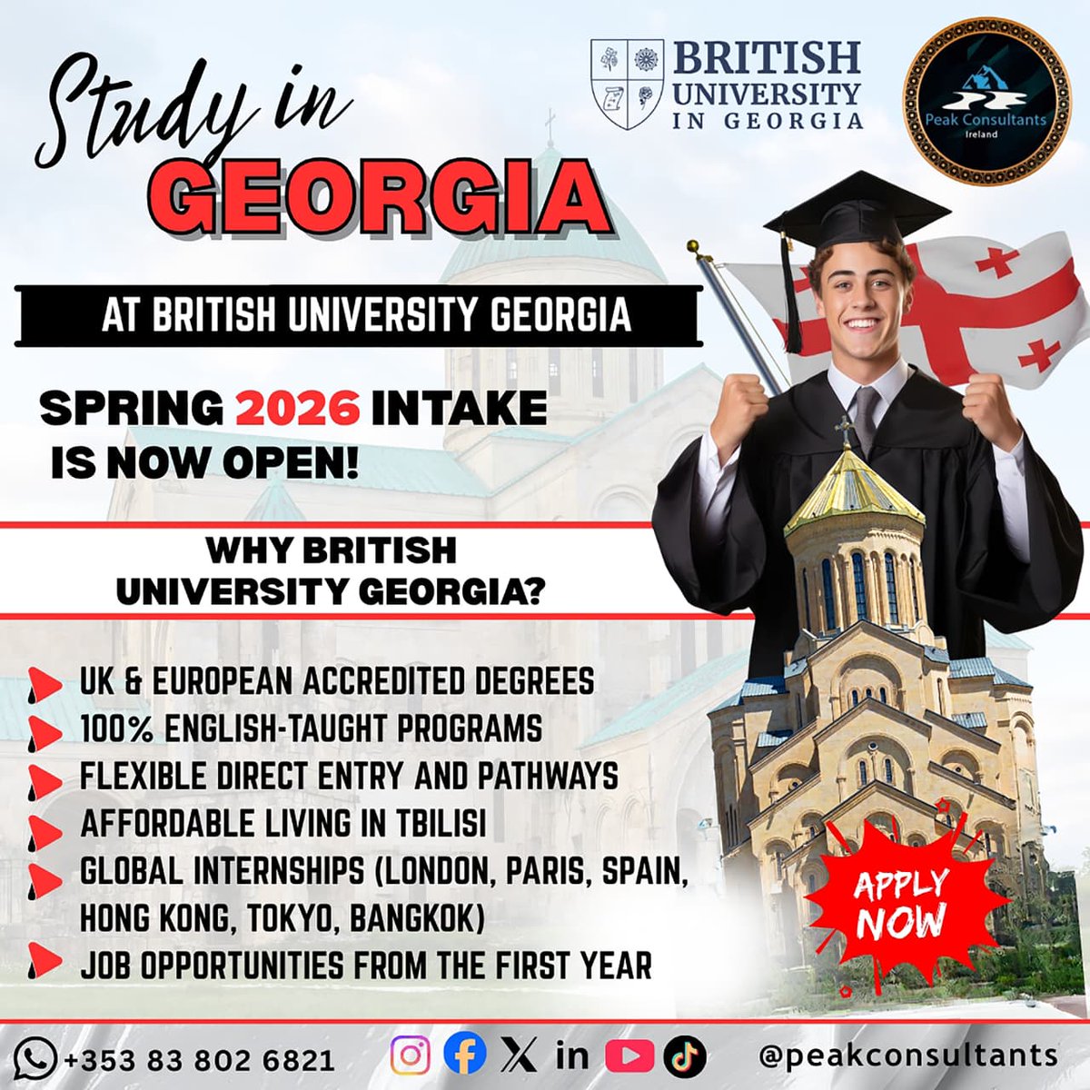 peakeire's tweet photo. 🎓 Study in Georgia – Spring 2026 Intake Now Open! 🇬🇪✨

📢 Limited seats available – Apply Now!

📞 Contact Us:
📱 +353 83 802 6821

#StudyInGeorgia #BritishUniversityGeorgia #Spring2026Intake #StudyAbroad2026 #EuropeanEducation #EnglishTaughtPrograms #AffordableEducation https://t.co/zOZAO0IxUr