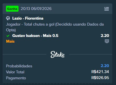 VOCÊ NÃO CURTE UM VOLUMÃO IMENSO? Então o Peixe Props é pra você!

APENAS 15 VAGAS - (e é o único grupo com vagas, perdão)

+160u em dezembro
+20u na primeira semana de janeiro

Vai além dos grupos "só de assistência". Desde anytime na Copa da Grécia até faltas na MLS:  se tem EV