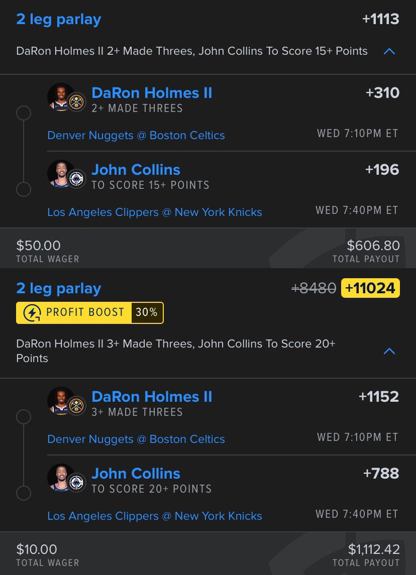 HoImes / Collins Stack 🧩💎

.50u 2+ / 15+ (+1113) Fanduel
.10u 3+ / 20+ (+11024)

Cs will allow Holmes to get some shots up. I’m expecting Mitch to start here vs Zubac which would leave Kat on John Collins. PnR / Backdoor cuts should be there 

#NBA #GamblingX #BettingPicks