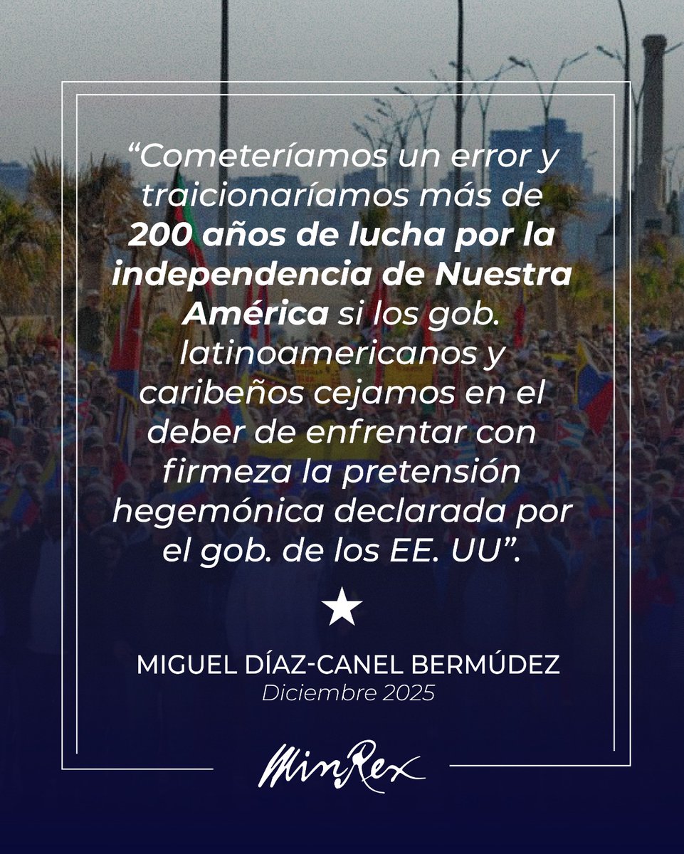 <a href="/DiazCanelB/">Miguel Díaz-Canel Bermúdez</a> | "Hoy la historia nos convoca a convertirnos, sin demora, en los sepultureros de la agresión militar, política y económica estadounidense que se cierne sobre toda la América Latina y el Caribe, inspirados en ejemplos como el de Hugo Chávez."
