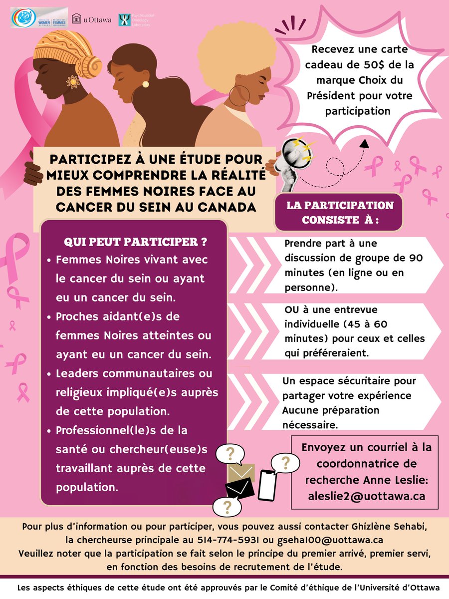 GhizleneSehabi's tweet photo. ❗ LANCEMENT OFFICIEL du recrutement pour mon étude!
Chaque voix compte. Chaque participant.e est important.e.
Merci de partager et de consulter l’affiche ci-dessous pour les coordonnées.
#SanteDesFemmesNoires #CancerDuSein #EquiteEnSante #ChaqueVoixCompte https://t.co/DoQjyvAmL4
