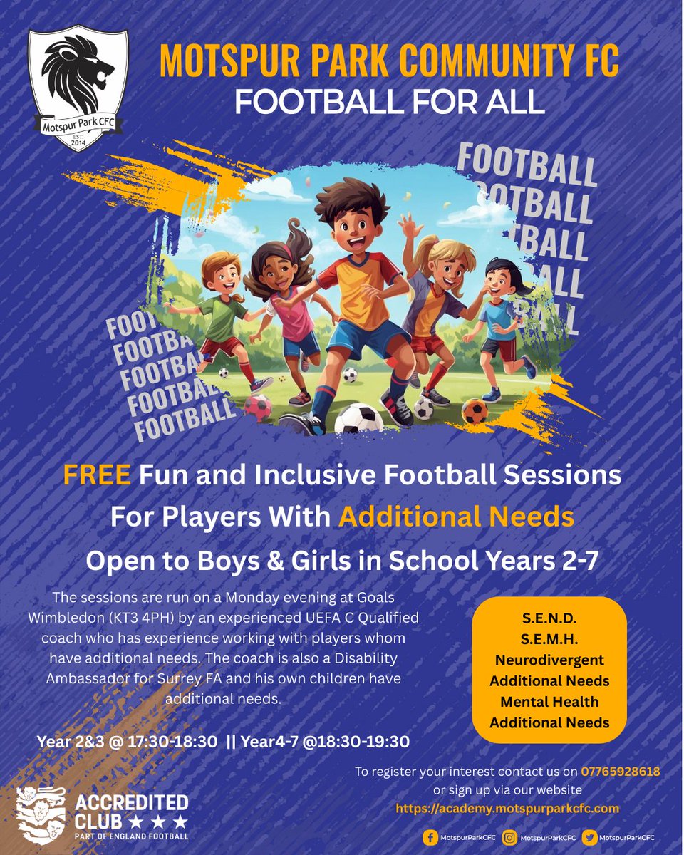 Join Motspur Park Community FC for FREE inclusive football sessions for players with additional needs! ⚽ Open to boys &amp; girls in school years 2-7 📅 Mondays at Goals Wimbledon #FootballForAll
