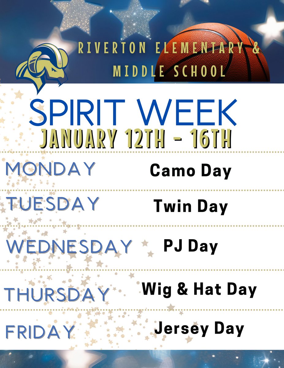 rivertonrams's tweet image. Spirit Week NEXT WEEK Jan 12th - 16th psqr.io/603M6D8YqD via @ParentSquare