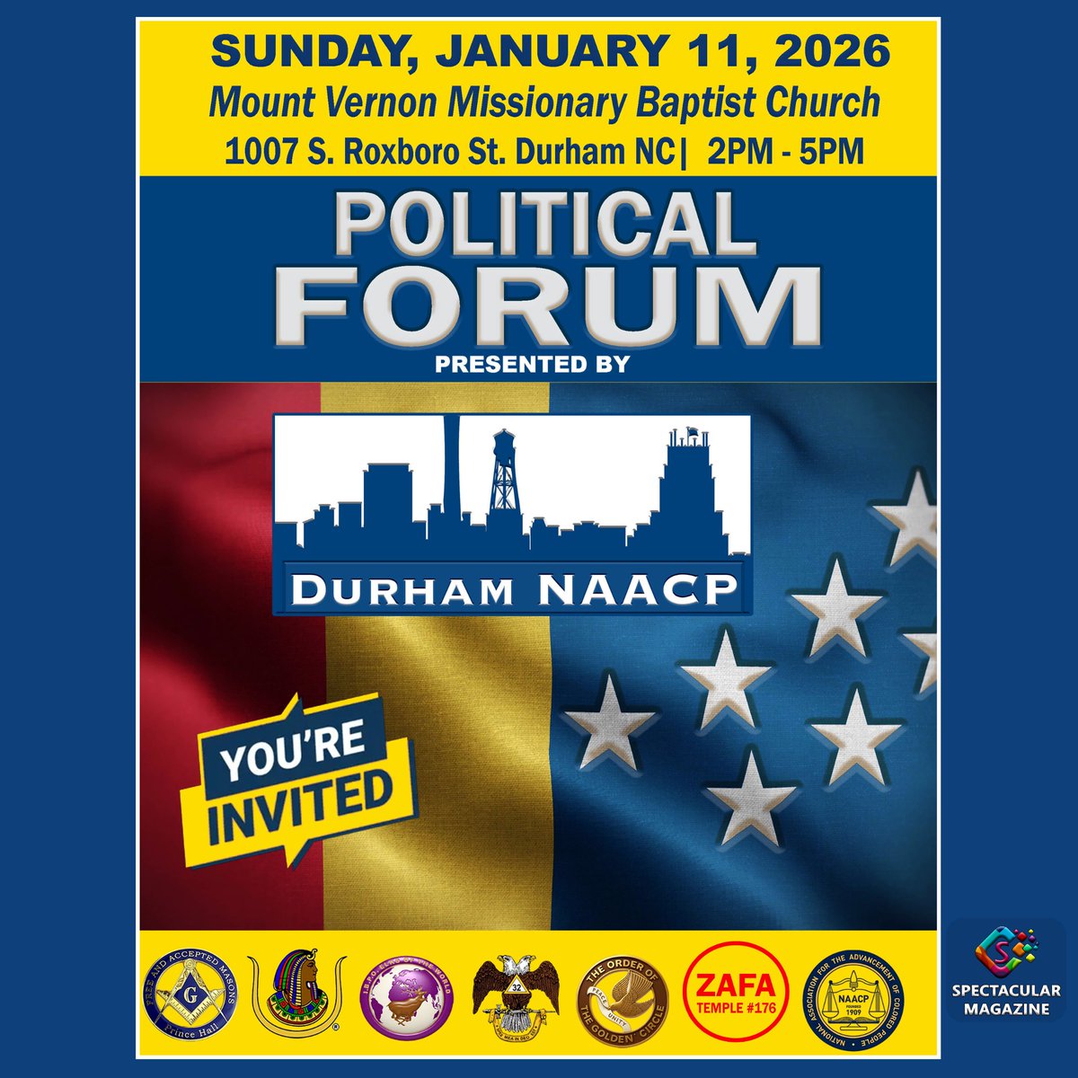 🗳️ <a href="/DurhamNAACP/">Dr. B. Angeloe Burch Sr.</a> Political Forum
📅 Jan. 11, 2026 | ⏰ 2–5 PM
📍 Mount Vernon Miss. Baptist Church
Hear from leaders at local, state &amp; federal levels and engage on the issues impacting Durham.
Free &amp; open to the public.
Show up. Speak up. Stay informed.
#DurhamNAACP #SpecMagNC