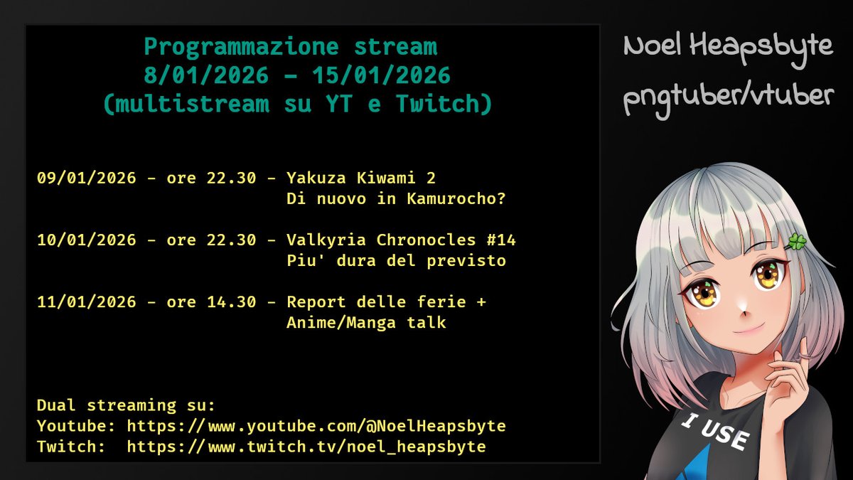Non sono sicuro, ancora influenzato, ma se faccio stream saranno questi. Si continua la serie di Yakuza con Kiwami 2, si lotta ancora con Valkyria Chronoclies e un report delle mie lunghe ferie.