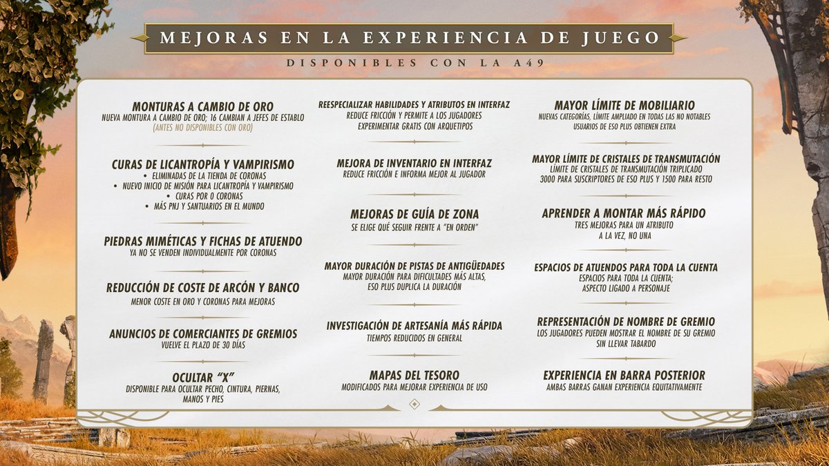 🛠️ A partir de la actualización 49, introduciremos nuevas mejoras que pretenden facilitar las cosas y respetar vuestro tiempo de juego.

Llegarán más mejoras para los jugadores tras la actualización 49, así que estad atentos 👀

#ESO2026Reveal ⚔️