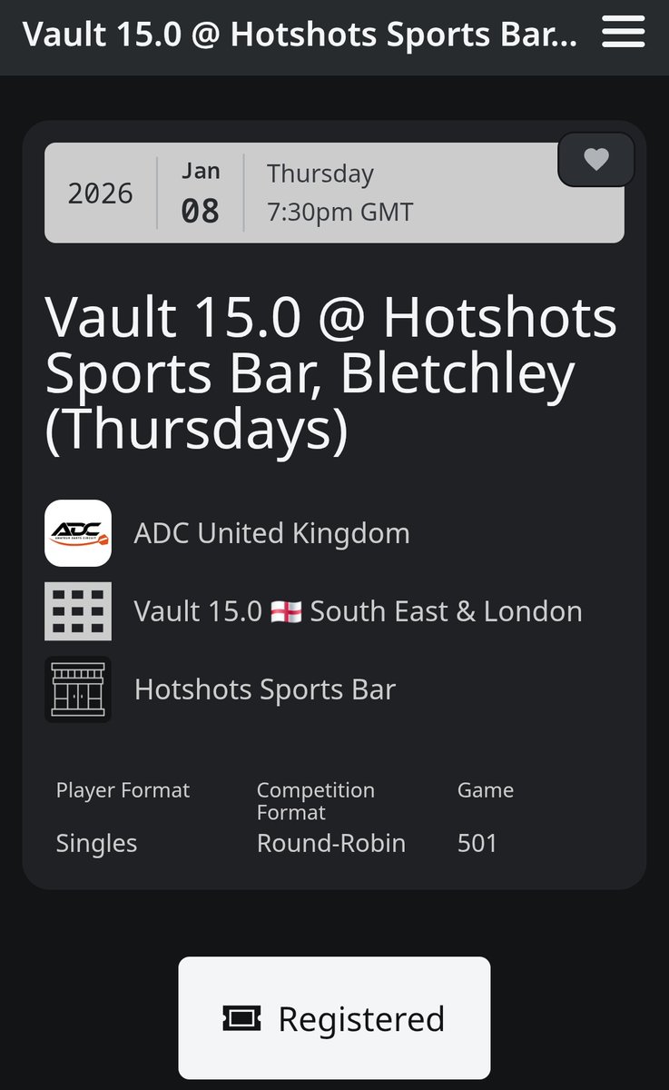 First ever time entering a <a href="/dartscircuit/">ADC - Amateur Darts Circuit</a> event. Bricking it a little bit but also want to push myself out of my comfort zone and try to improve my darts this year. Can only do that by playing against better players, I suppose. Better get some practice in tonight...