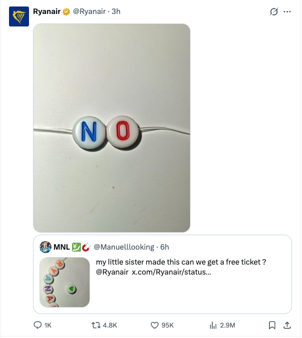 lip_feed's tweet photo. Gotta love @Ryanair staying brand consistent on social. https://t.co/Dyk4OxFn4z