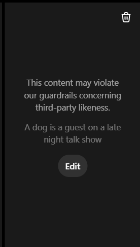 gshu's tweet photo. @OpenAI and @soraofficialapp — have you gone censorship-crazy? How in the world can "A dog is a guest on a late-night late show" violate any guardrails? https://t.co/GUfMygFNdh