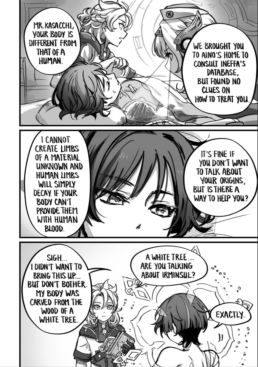 Missing parts [3/10]

Durin and Albedo try to help scara who acts like he doesn't gaf. 
I completed the sketches and dialogue for this comic before November and didn't change them according to the new archon quests, so everything will clash with canon. Please have mercy on me xD