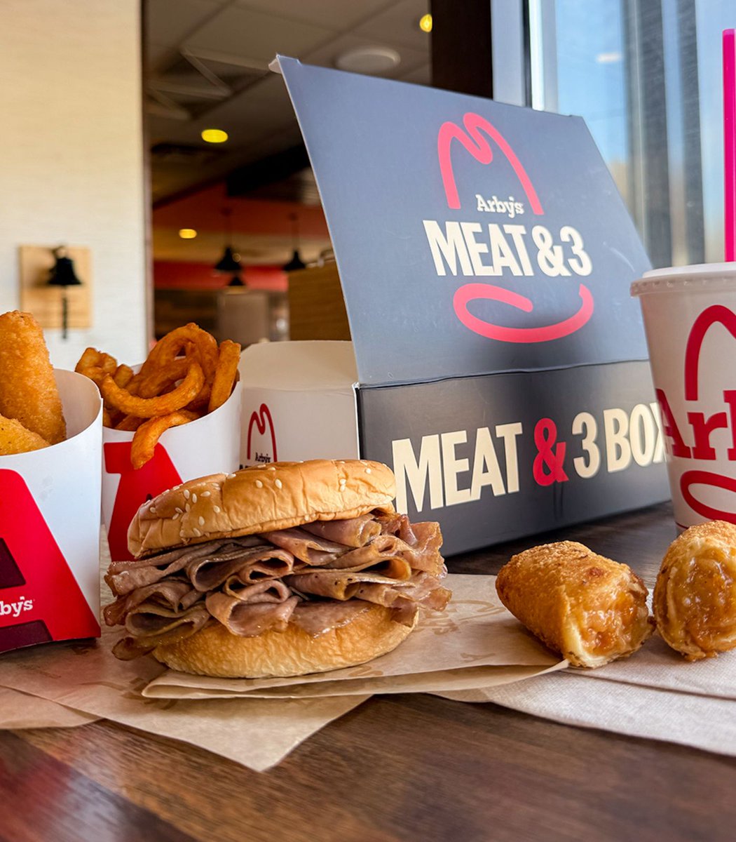 Arby's is launching an $8 Meat &amp; 3 Value Box including:

- Classic Roast Beef or Crispy Chicken Sandwich
- 2-piece Mozzarella Sticks
- Peach Cobbler Roll
- Small Curly Fries
- Small drink