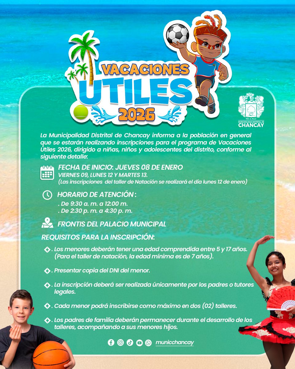 🎒 VACACIONES ÚTILES 2026
📅 8, 9, 12 y 13 de enero
👉 Natación: solo 12 de enero
🕘 9:30 a 12:00 | 2:30 a 4:30 p. m.
📍 Frontis de la Municipalidad
Requisitos: 5–17 años (natación desde 7), copia de DNI, inscripción por padres o tutores.
Máximo 2 talleres. Vacantes limitadas.