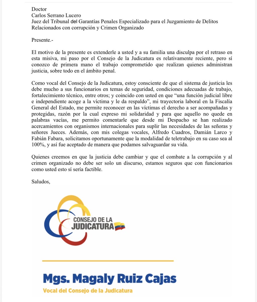 Hace unos días, como víctima, fui vilipendiado y atacado por el presidente del CJ, que era el llamado a protegerme y respaldarme.

Hoy, la vocal Magaly Ruiz, saca la cara por el CJ, me envía esta carta y me permite entender que no todo está perdido.

Gracias, doctora, por no