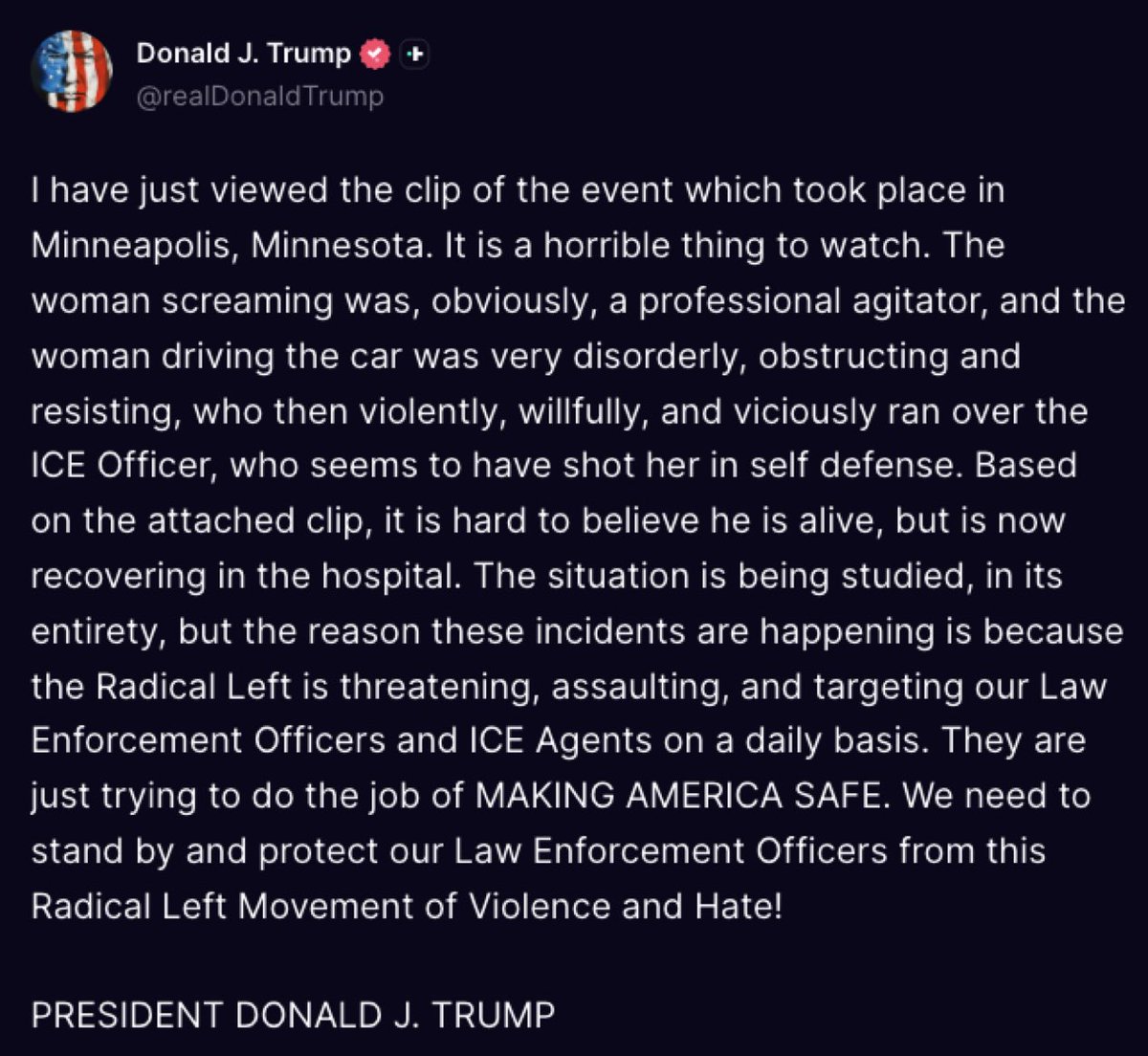 aravosis's tweet image. This is Trump outright lying in order to justify cold-blooded murder by ICE. The ICE agent clearly wasn’t hit by the car, per the video. He simply stepped away and then fired at the woman twice, and killed her. He then ran after her car. The guy who Trump says, got run over and…