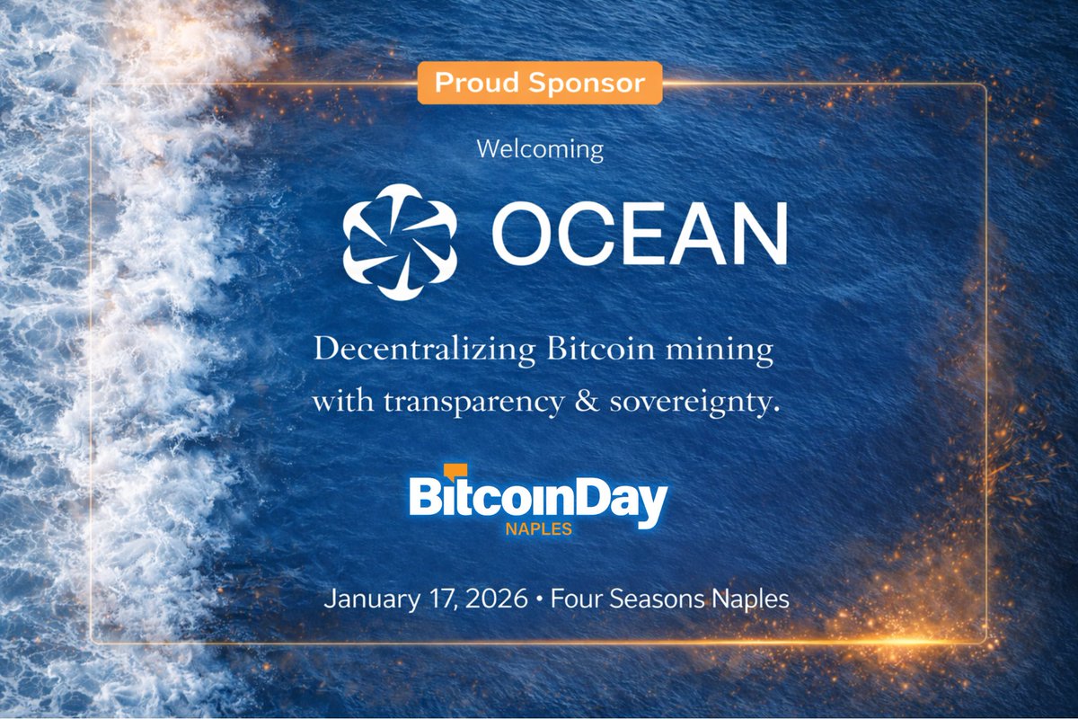 We are proud to welcome OCEAN (@ocean_mining) as a sponsor of BitcoinDay  Naples. A miner-first pool built to radically decentralize Bitcoin mining  --transparent, non-custodial, and engineered for long-term network  resilience. Take back