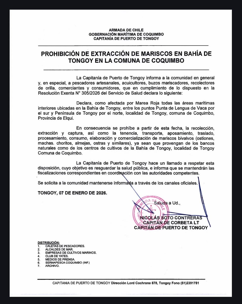 maritgobcoq's tweet photo. La Autoridad Marítima informa a la comunidad de Coquimbo sobre prohibición de extracción de mariscos en la bahía de #Tongoy 
@capuertotoy @MiRadiols @eldia_cl @DGTM_Chile @montecarlocl https://t.co/s6JtMYuxPy