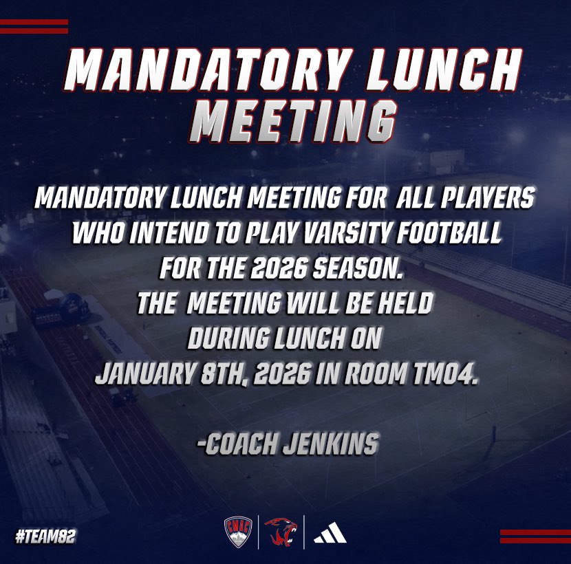SJMgridiron's tweet photo. π¨ MANDATORY LUNCH MEETING π¨
All players who intend to play Varsity Football for the 2026 season are required to attend.
π
January 8th, 2026
β° During Lunch
π Room TM04
This meeting sets the tone for the season ahead. Be there. Be locked in.
β Coach Jenkins
#SJMFootball | #Team82