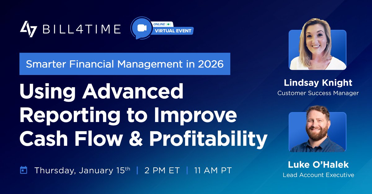 Bill4Time's tweet photo. Join us on January 15 at 2 PM ET to see how Bill4Time’s Advanced Customizable Reports help firms track unbilled work, surface revenue opportunities, &amp; keep a real-time pulse on their financial and operational health, all in one place.

Secure your spot: https://t.co/DJLiEUZwY0 https://t.co/8uxsqMaKCx