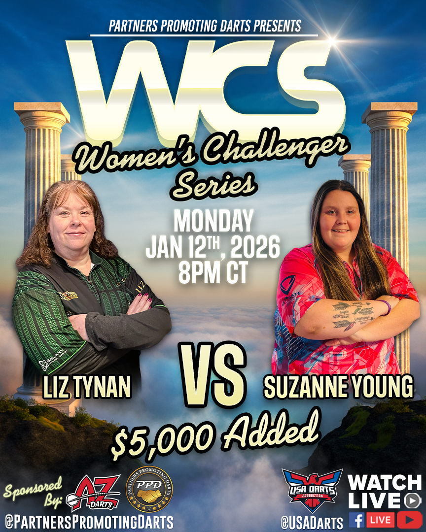 TONIGHT @ 8PM CT

Liz Tynan take son Suzanne Young for the Queen Seat of the Women's Challenger Series. Join us LIVE on USA Darts or Partners Promoting Darts Facebook and YouTube pages.