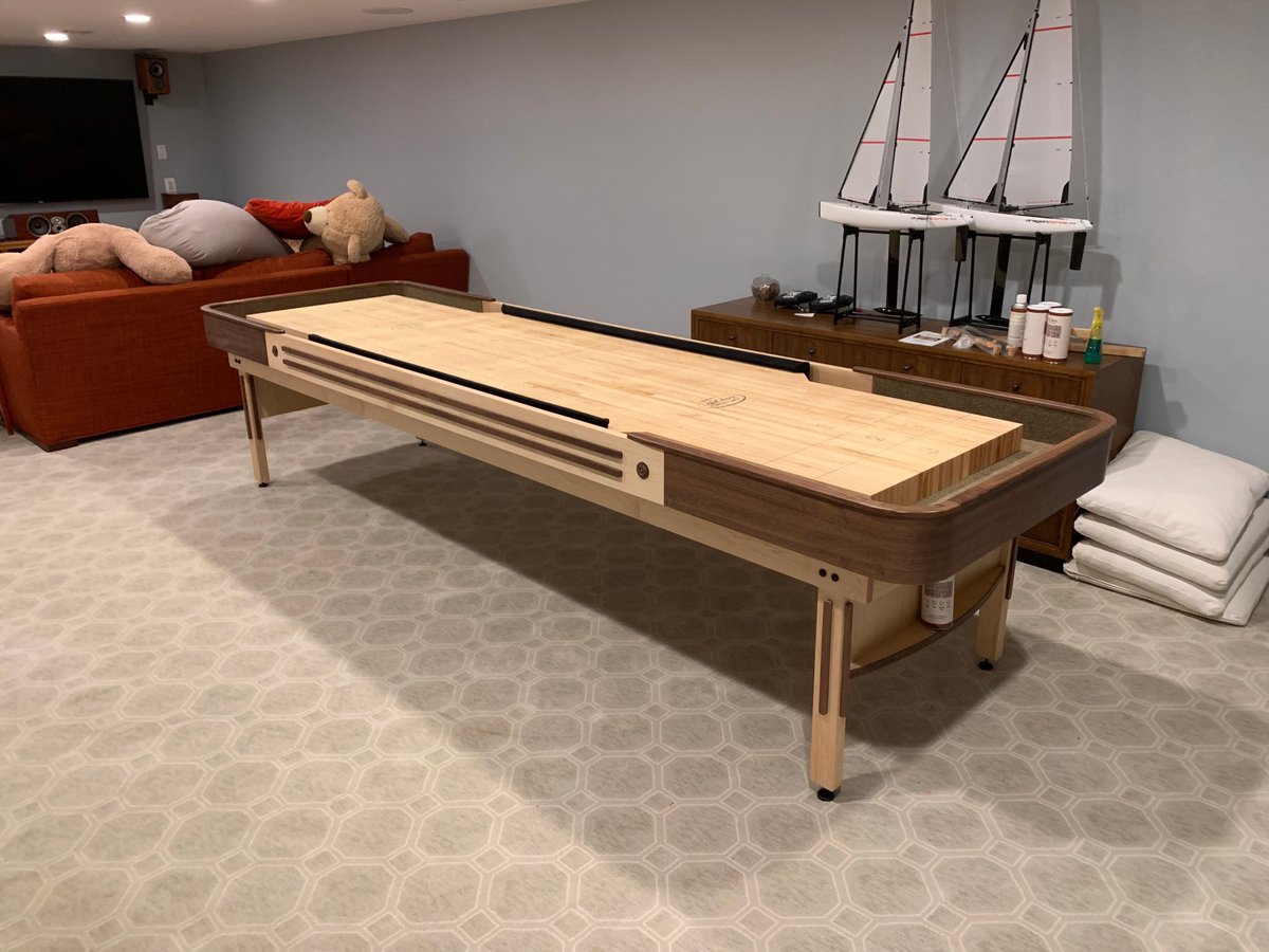 Custom made bumper board handcrafted in Michigan made in America McClure Tables Prestige style features walnut horse collar with solid hard maple in natural finish with walnut trim