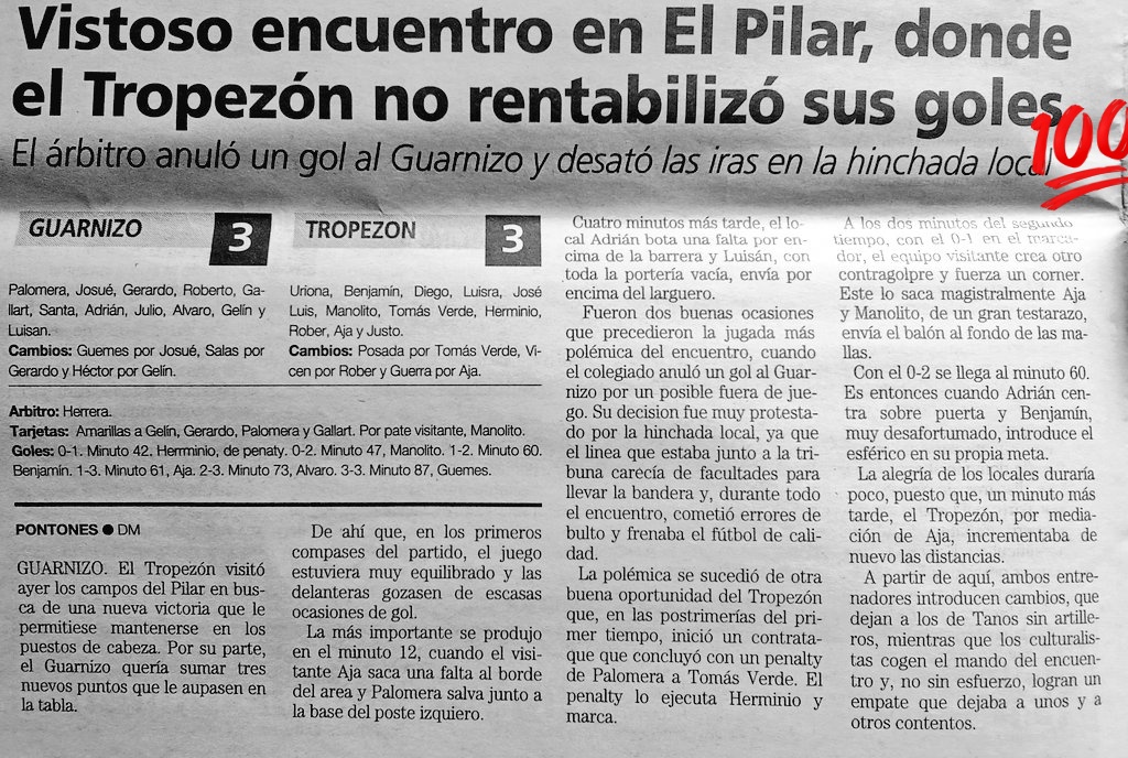 ☑️ Hoy hace 30 años (7 de Enero de 1996):

Al CD Tropezón se le escapaba la victoria en los minutos finales, en su visita a la Cultural de Guarnizo (3-3).

El CD Tropezón ocupaba la quinta posición en la clasificación de Tercera División; la Cultural era décima