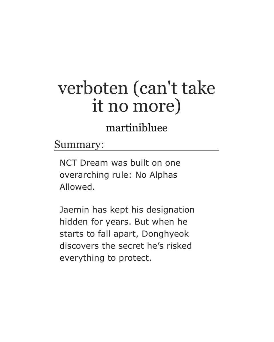 insomnihae's tweet image. ᯓ verboten (can't take it no more)

⟡ #nahyuck
⟡ one shot
⟡ 25k words
⟡ explicit
⟡ canon divergence, a/b/o, hurt/comfort, angst, secrets, jealousy, (un)requited love

ᯓ link: archiveofourown.org/works/77282556