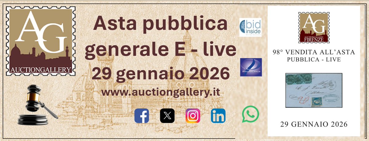 AuctionsGallery's tweet photo. AUCTION GALLERY ASTA E-LIVE 29 GENN. 2026
https://t.co/e2dKgxbHah
Accesso https://t.co/ooQQZbiH0t
#asta #auction #auktion #subasta #encheres #philately #filatelia #philatelie #francobollo #stamp #sello #timbre #briefmarke #italia #italy #italie #italien #auctiongallery #firenze https://t.co/8Azjvmi75S