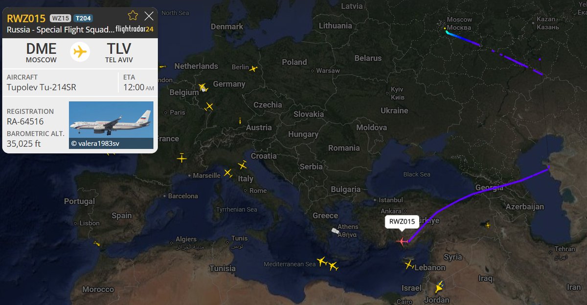 RussCan91's tweet photo. 🚨🇷🇺---The Tupolev Tu-214SR, this time under callsign RWZ015, the same aircraft as the the last couple of days as confirmed by registration number RA-64516, is again flying to Tel Aviv from Moscow. The trajectory of this flight this time appears to have went deeper into Russia before going South, maybe to avoid areas nearer to ongoing hostilities.

These flights starting in late December, have seen an increase in frequency over the last 2-3 days. Making daily trips into Tel Aviv, these trips involve only short stops in Tel Aviv and then return to Moscow. From what I can see from flight data, the aircraft has left Moscow each day at 5:35 AM UTC, return times are a little more sporadic maybe due to loading.

The times on the ground in Tel Aviv are more consistent with the movement of people, which is also notable. 

https://t.co/rP29TMvx0j