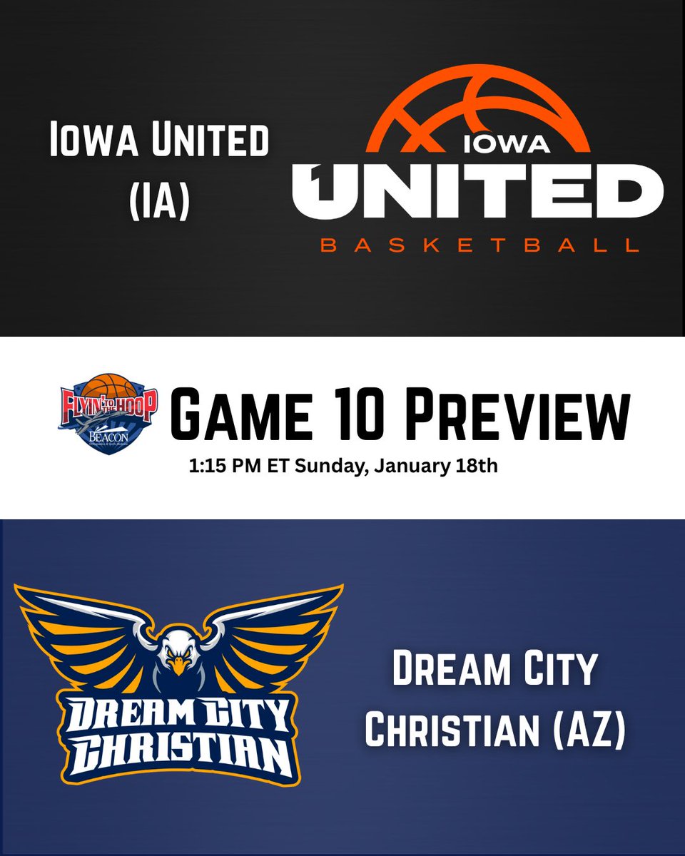 FlyinToTheHoop's tweet photo. Game #10 PREVIEW:  
Iowa United (IA) vs. Dream City Christian (AZ)  
Jan. 16-19 @ Trent Arena  
🎟 https://t.co/oUdRyq8ZDF https://t.co/3AGBRUmZe8