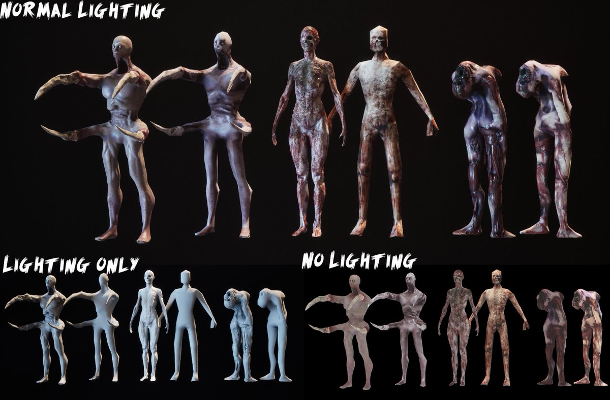 travinhdev's tweet image. I can't hand paint lighting / details to save my life so for the enemies I've just been making high-res sculpts then squeezing some renders into a texture for the low res version. Averages about 6 hrs each.
 
What do you think, valid strat or a waste of time?