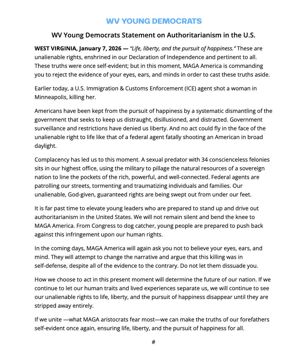 wvyoungdemocrat's tweet photo. How we choose to act in this present moment will determine the future of our nation. 

If we unite—what MAGA aristocrats fear most—we can make the truths of our forefathers self-evident once again, ensuring life, liberty, and the pursuit of happiness for all. https://t.co/qSQGEASlux