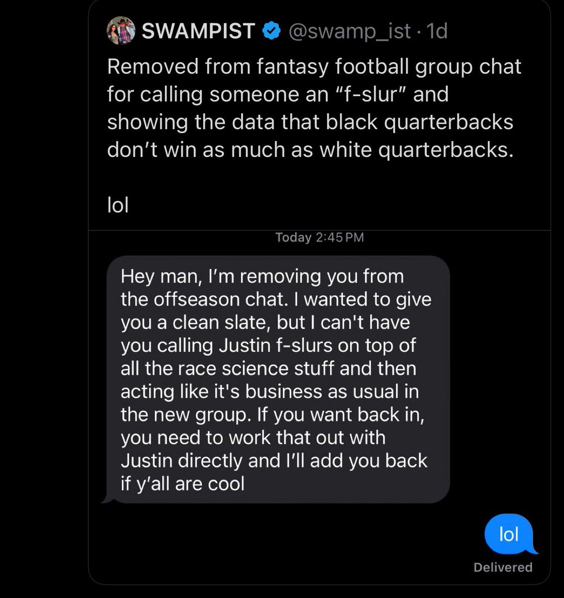 brndxix's tweet image. This guy deleted the tweet but imagine dropping race science in the fantasy football chat and thinking you’re the normal one LMFAOOOOOOOO
