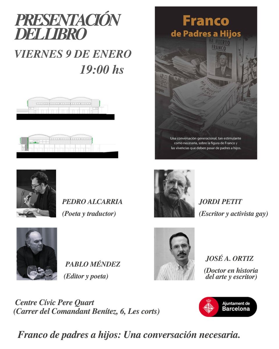Este viernes a las 19h, Pedro Alcarria y José A. Ortiz presentan el libro "Franco de padres a hijos" , con Pablo Méndez y Jordi Petit, en el  Centre Cívic Pere Quart.
Cuando los bulos intentan copar los medios necesitamos: la memoria.
<a href="/pedro_alcarria/">Pedro Alcarria</a> <a href="/CCPereQuart/">CC JOAN OLIVER</a> 
#FelizViernes
