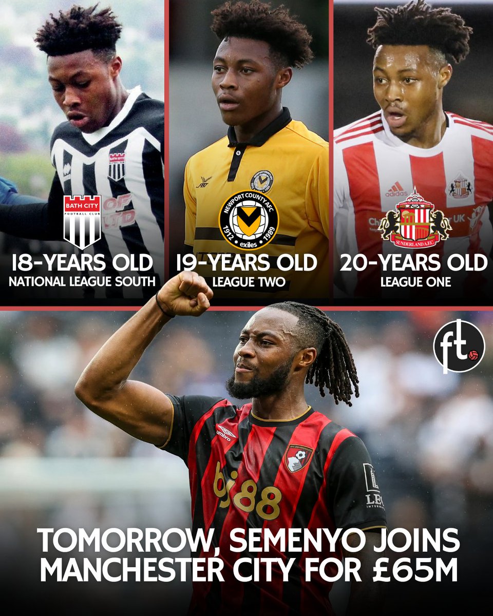 🇬🇭 Antoine Semenyo is proof that you should always 𝗰𝗵𝗮𝘀𝗲 𝘆𝗼𝘂𝗿 𝗱𝗿𝗲𝗮𝗺𝘀 no matter how many setbacks you get:

▪️ At 14, he was rejected by Arsenal and Tottenham.
▪️ At 15, he had unsuccessful trials at Crystal Palace, Fulham and Millwall.
▪️ At 17, Bristol City took a