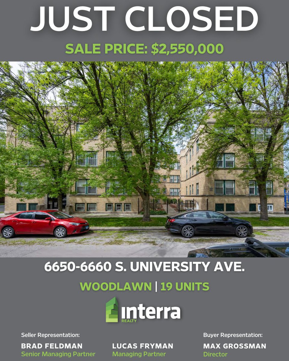 InterraRealty's tweet image. JUST CLOSED | Woodlawn
Congratulations to Interra Realty's Brad Feldman, Lucas Fryman, and Max Grossman who brokered the sale of this 19-unit courtyard building in Chicago's Woodlawn neighborhood. 

#RecentClosings #CRE #Multifamily #Chicago #RealEstate