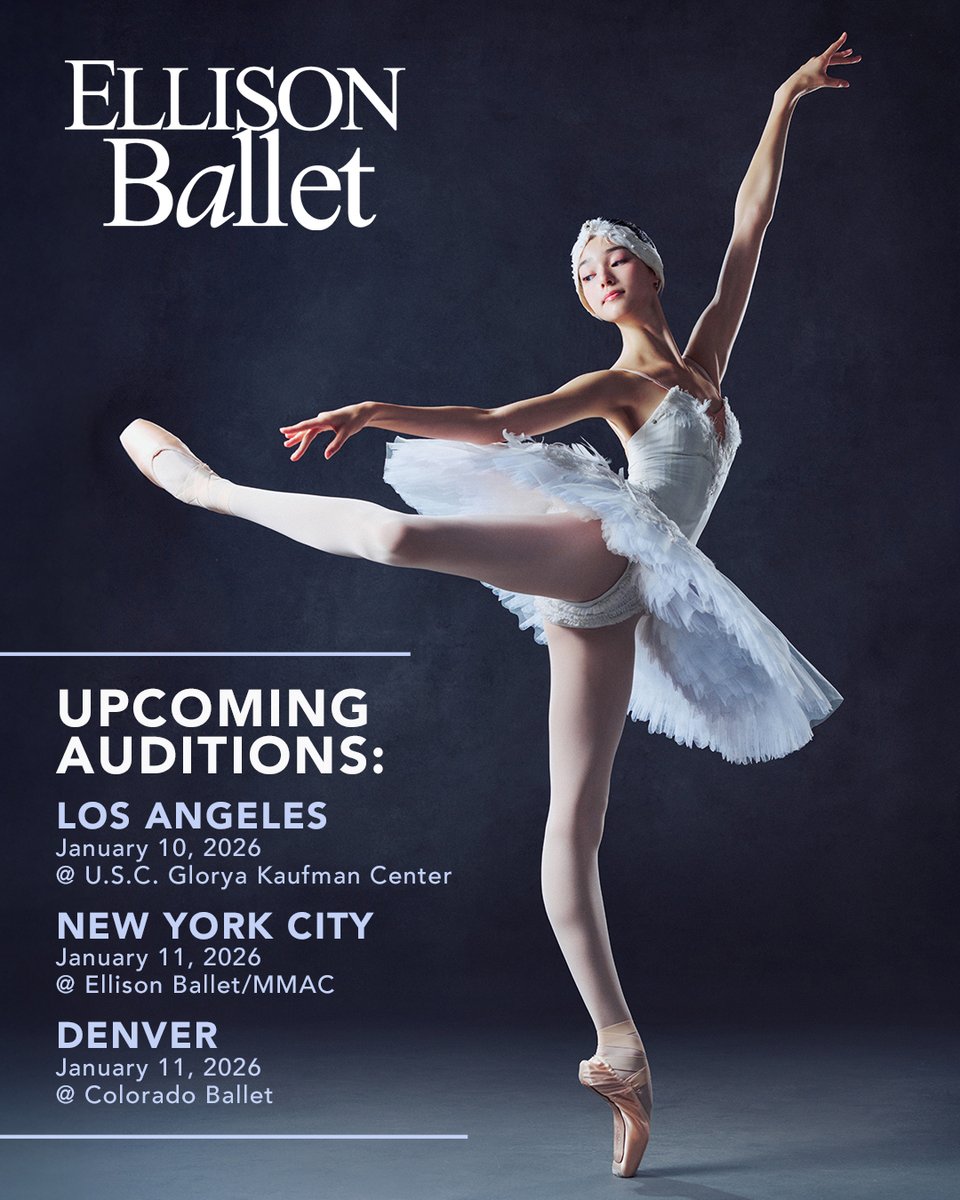 EllisonBallet's tweet image. AUDITIONS THIS WEEKEND! We hope to see you there!
LOS ANGELES (Jan 10) - NEW YORK CITY (Jan 11) - DENVER (Jan 11)
Register Today: ellisonballet.org/auditiontour

Virtisse is the Official Sponsor of Ellison Ballet.
Photo (c) YOON6PHOTO