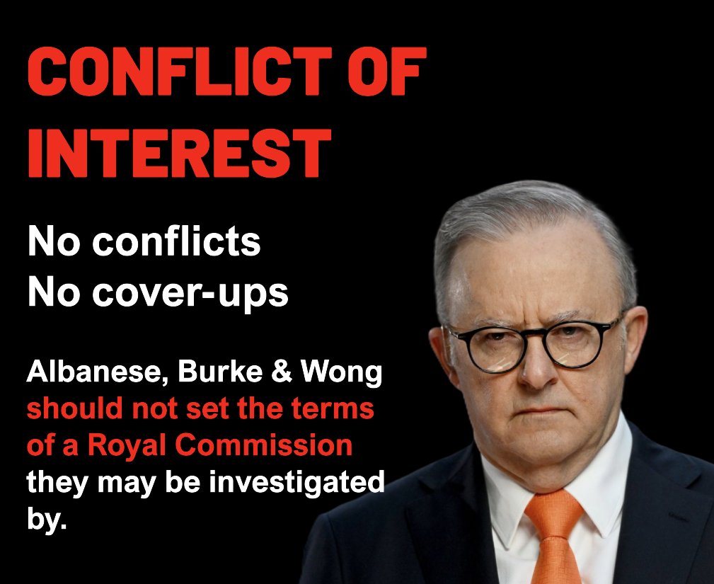 Holly_Da's tweet photo. Albanese has spent the past month trying to dodge a Royal Commission.

Under immense pressure from across Australia, he’s now likely to backflip, but only after trying to rig it to suit his own agenda.

For truth, transparency, and genuine healing, Albanese, Wong and Burke should not draft the terms of reference, nor pick the Commissioner or panel.