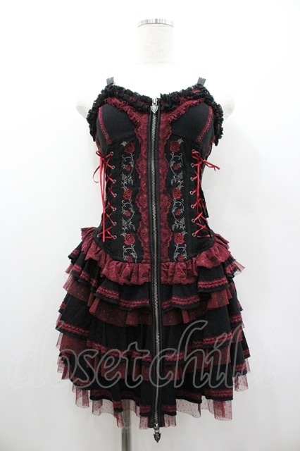 OZZ ANGELO / 薔薇刺繍サイド編み上げコルセットキャミワンピース 黒X