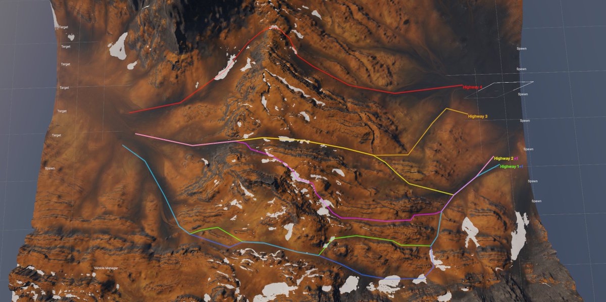 Poly_Chimp's tweet image. Massive pain to get the enemy vehicles to pathfind over such a large map, so I predefined Highways with waypoints to guide them. No more climbing mountain sides just to get stuck. #gamedev