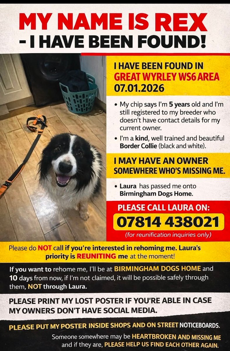 🐕 #founddog URGENTLY SEEKING OWNER

IS ANYONE LOOKING FOR REX?

FOUND straying in Great Wyrley #WS6

Found 5 year old male black &amp; white collie

*Registered to breeder who does not have details for the current owner*

Very calm, well trained dog, someone must be missing him?!!