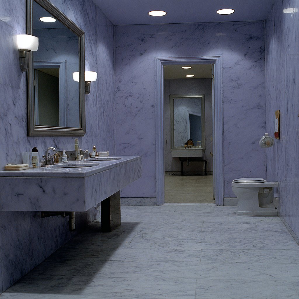 This style features a clinical, desaturated photographic aesthetic with a cool color palette and a minimalist composition, creating an unsettling and lonely atmosphere in ordinary settings.