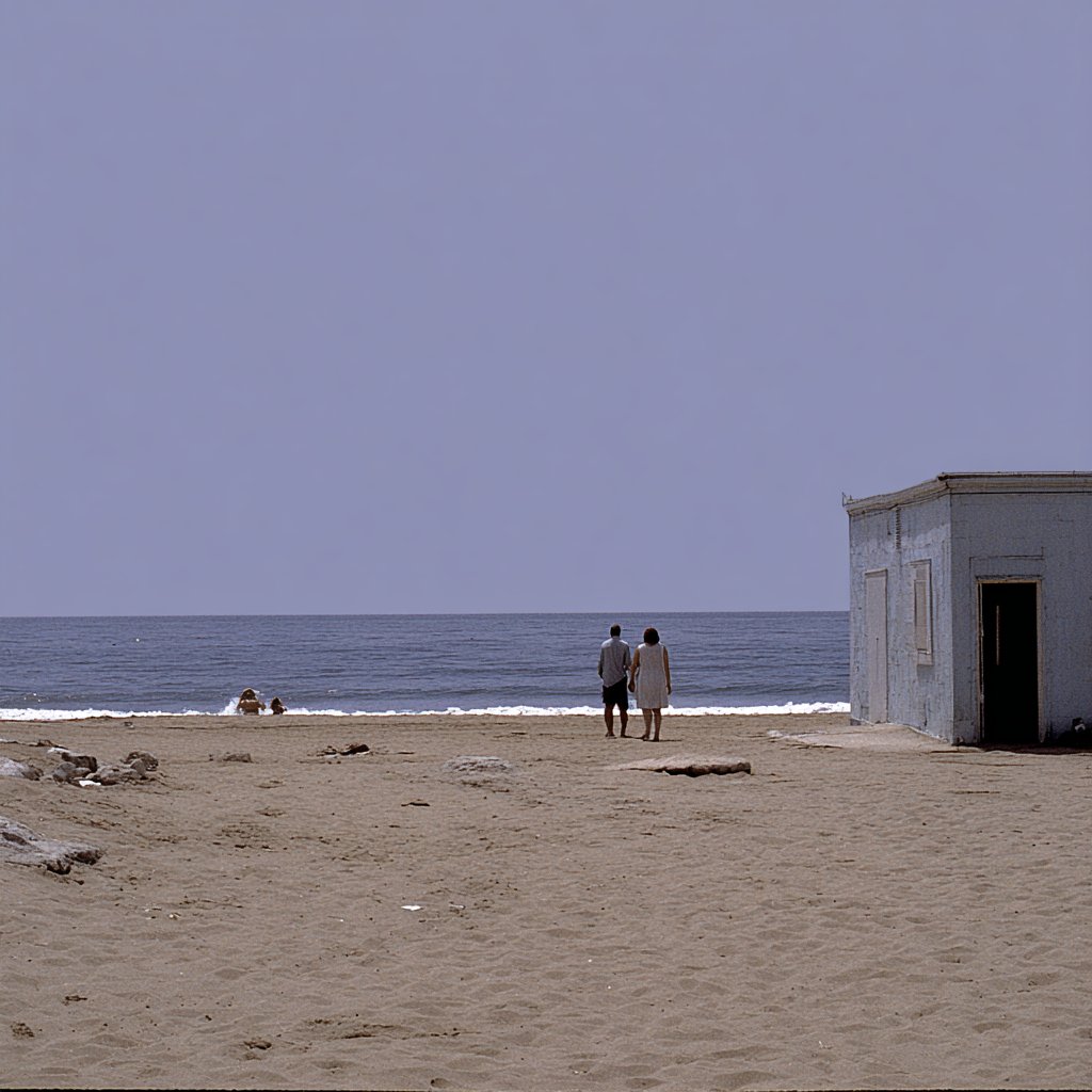 This style features a clinical, desaturated photographic aesthetic with a cool color palette and a minimalist composition, creating an unsettling and lonely atmosphere in ordinary settings.