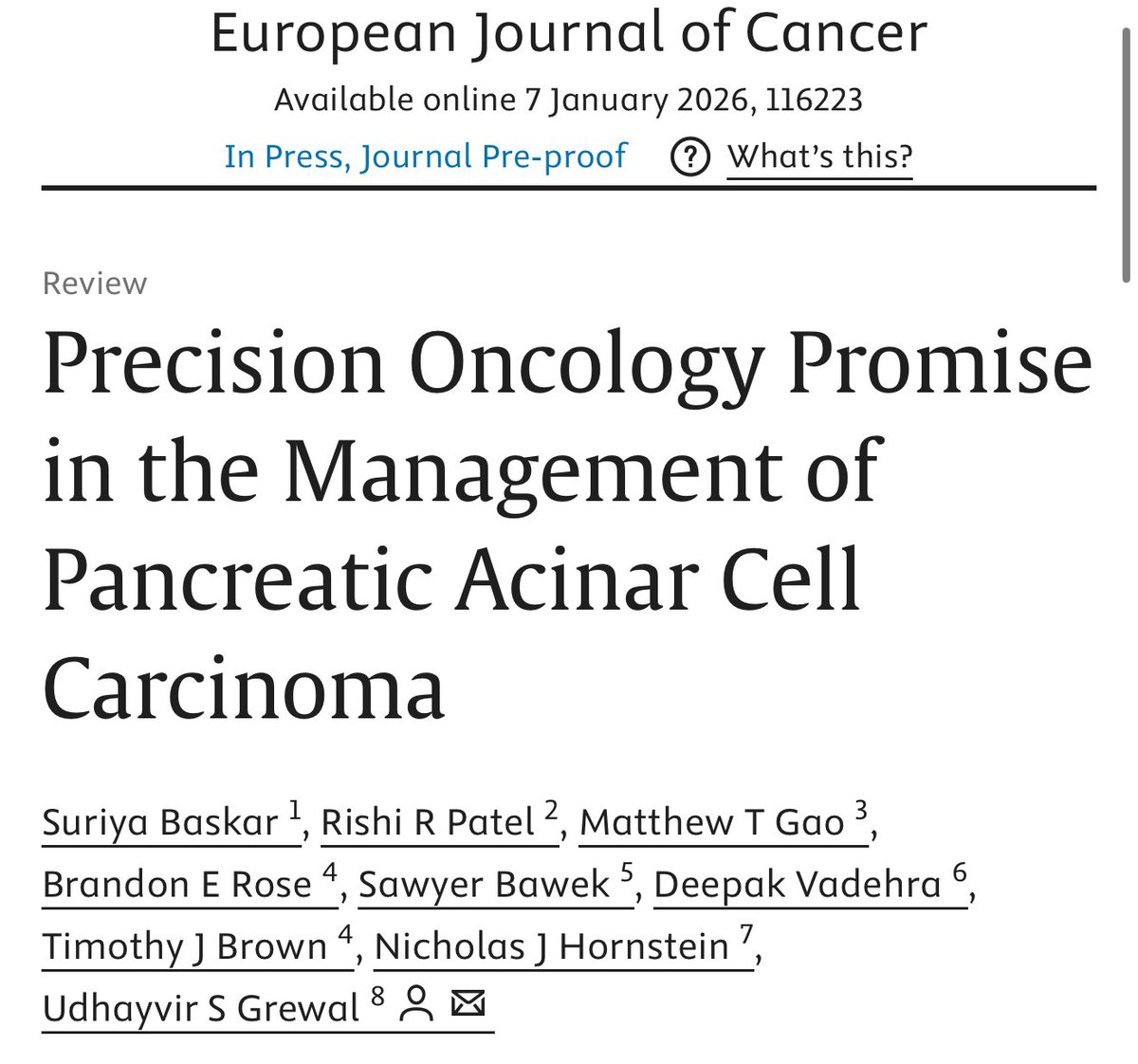 UGrewalMD's tweet photo. On the heels of #GI26, happy to share this tour de force led by @SuriyaBaskarMD- “Precision Oncology Promise in the Management of Pancreatic Acinar Cell Carcinoma” in #EJC
➡️ PACC is rare (<2% of pancreatic cancers) and biologically distinct from PDAC. Emerging data show real promise for precision oncology- PARP inhibitors, ICIs, and targeted therapies in genomically selected cases.
🧬 Broad molecular & germline testing should be standard to improve outcomes in this underserved disease. @TheGutOncLab @TimothyJBrownMD @GIMedOnc @Deebacca @sawyer_bawek @BRoseMDMPH