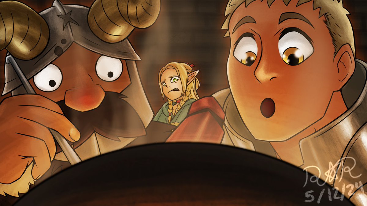 Redrunner613's tweet image. Here's the first oldie I'm gonna post, made this for a good friend back in 2024! I haven't watched past the first 2 Episodes of #DeliciousInDungeon, should I continue???