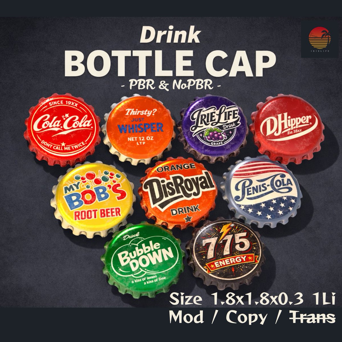 IRIELIFE_SL's tweet photo. 🎈NEW ITEM RELEASE🎈

● [IRIE LIFE] Bottle Cap

全9種類 PBR &amp; NoPBR 同梱
1.8 × 1.8 × 0.3 - 1 LI
Mod / Copy / NoTrans
Price - 本店 88L$ / MP 120L$

 ✈IRIE LIFE
https://t.co/07gfmzpFie
🛍Marketplace
 https://t.co/tv4Mev7vOy

#SecondLife #SLJP #IRIELIFE #BottleCap https://t.co/xmnHgv42id