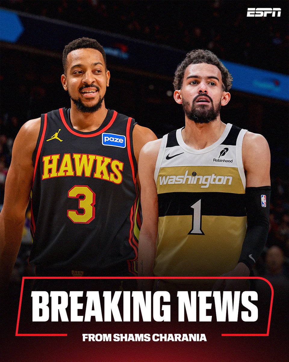 ShamsCharania's tweet image. BREAKING: The Atlanta Hawks are trading four-time NBA All-Star Trae Young to the Washington Wizards for CJ McCollum and Corey Kispert, sources tell ESPN.